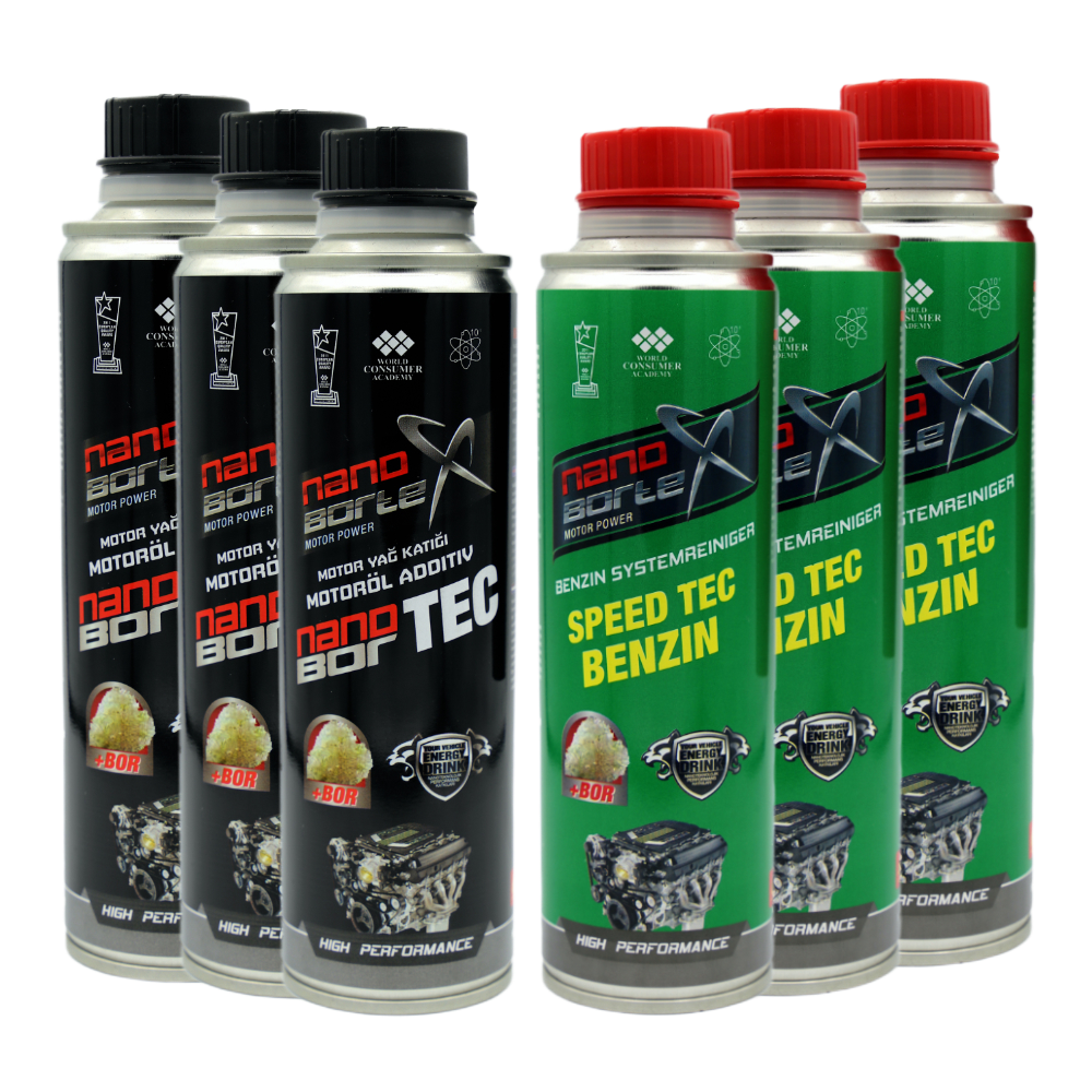 NanoBorTeX SET Motor-Power 3x Motorölzusatz + 3x Benzinzusatz