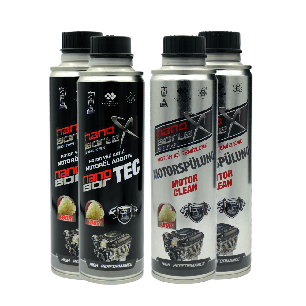 NanoBorTeX Motor-Power 2x Motoröl Additiv / Zusatz + 2x Motorspülung / Motor Cleaner